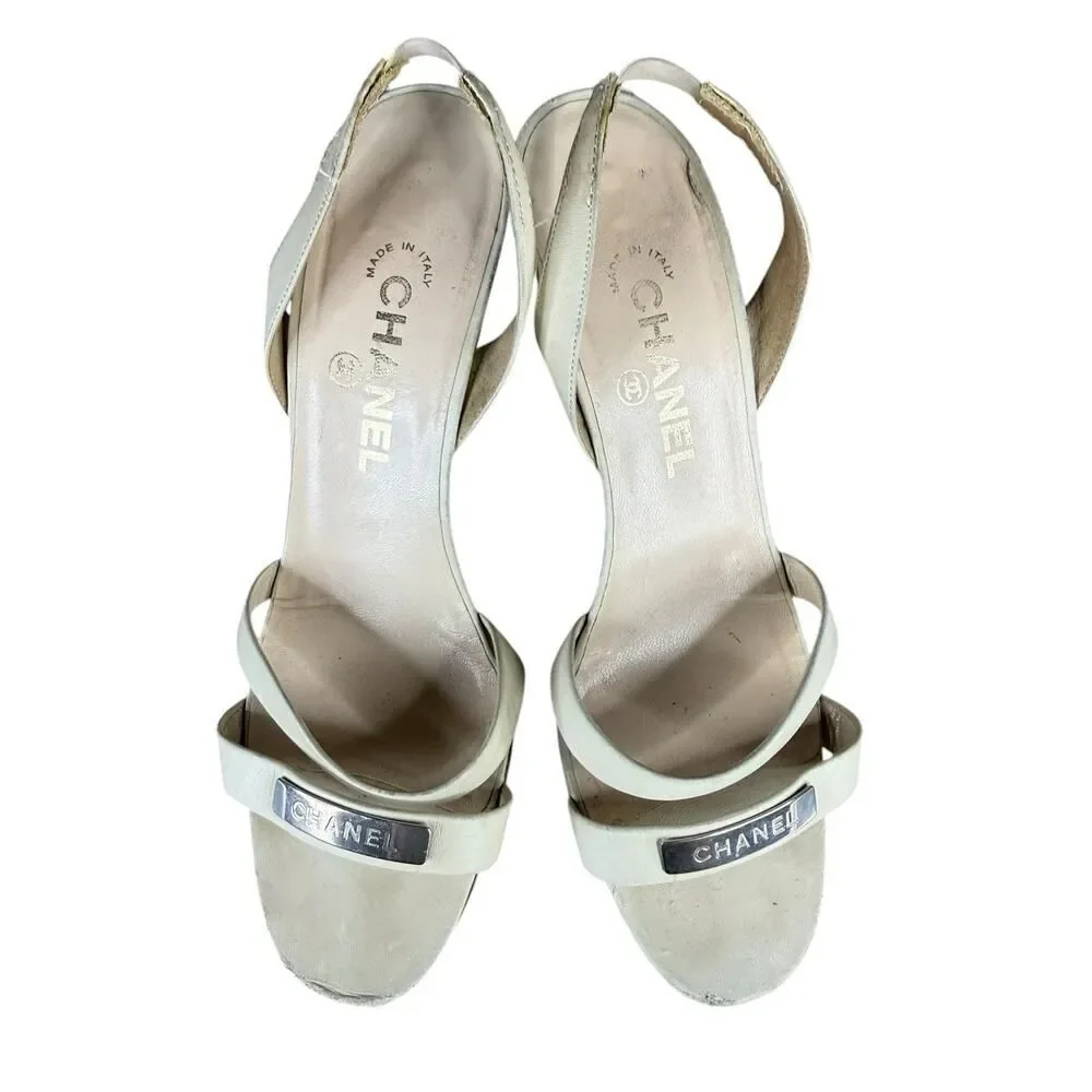 Chanel Ivory Leather Slingback Heels Logo Strap Sandals EU 39 US 8.5